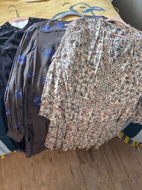 Three Floral & Printed Blouses - Black, Charcoal with Blue, Cream Floral